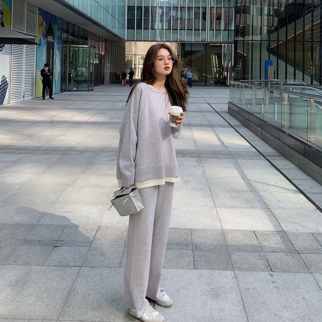 Leg T-Shirt Wide + Two-Tone Crew Long-Sleeve Set: Pants High Neck Waist