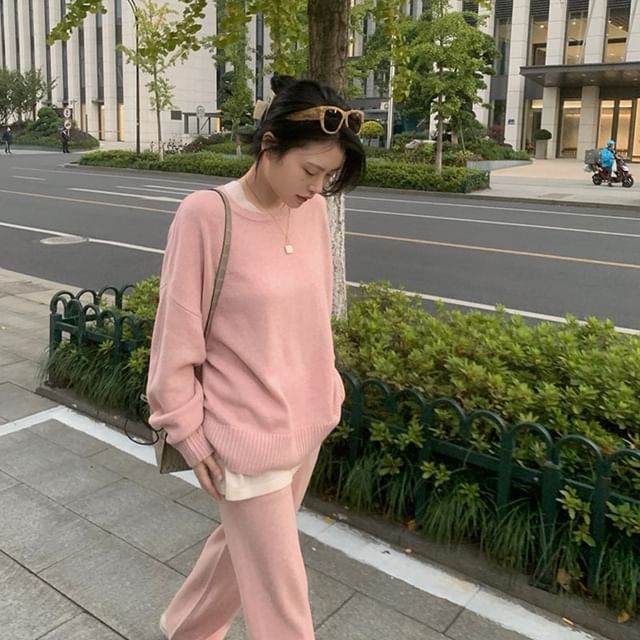 Leg T-Shirt Wide + Two-Tone Crew Long-Sleeve Set: Pants High Neck Waist