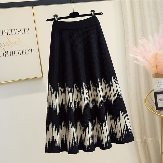Waist Printed Skirt A-Line Knit Midi High