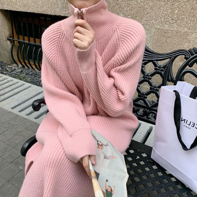 Midi Half-Zip Dress Ribbed Long-Sleeve Sweater Plain