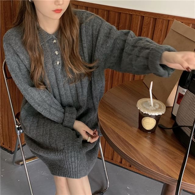 Mini Sweater Dress Polo-Neck Plain Long-Sleeve