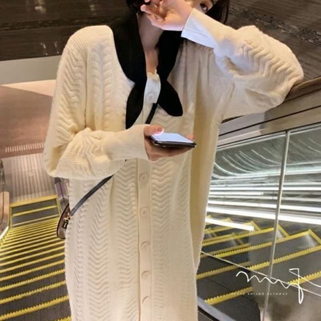 Puff-Sleeve Plain Button-Up Knit Tie-Neck Midi Dress