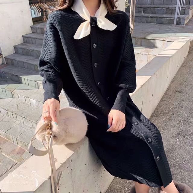 Puff-Sleeve Plain Button-Up Knit Tie-Neck Midi Dress