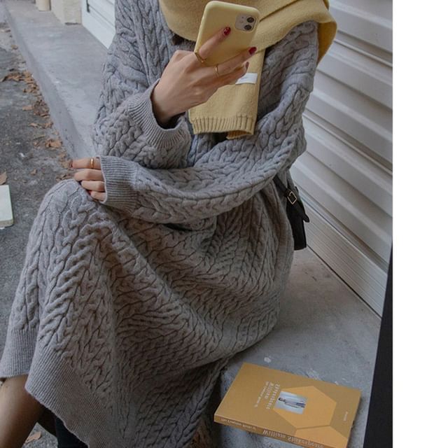 Plain Dress Sweater Midi V-Neck Long-Sleeve