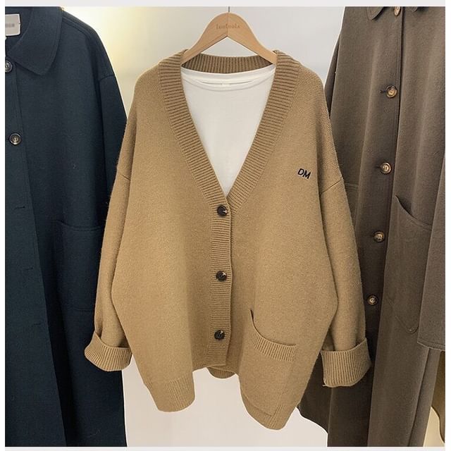 Button-Up Cardigan V-Neck Letter Embroidered
