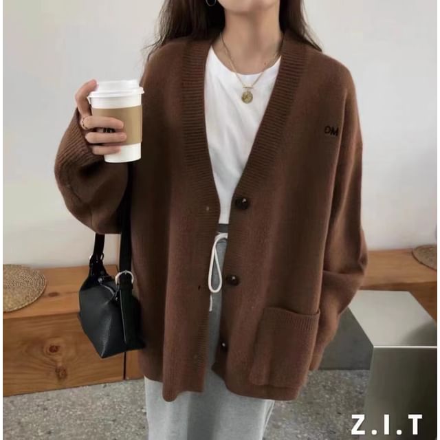 Button-Up Cardigan V-Neck Letter Embroidered