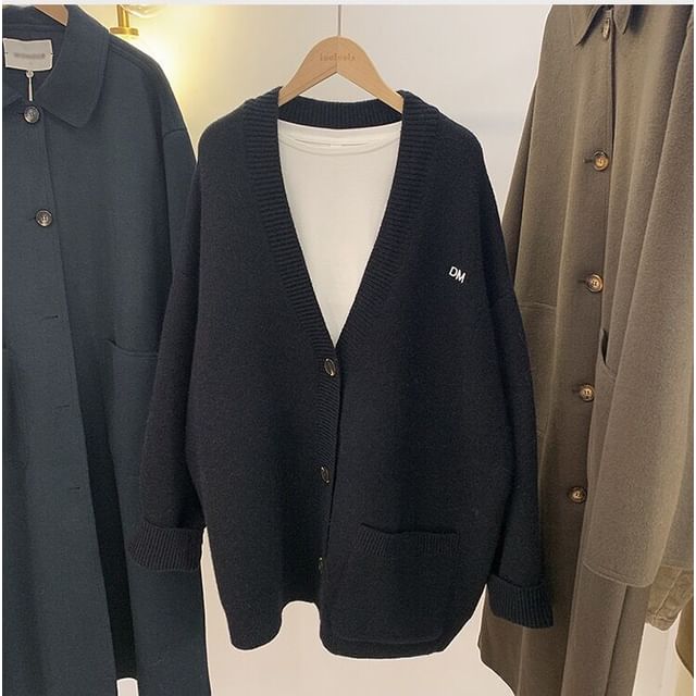 Button-Up Cardigan V-Neck Letter Embroidered