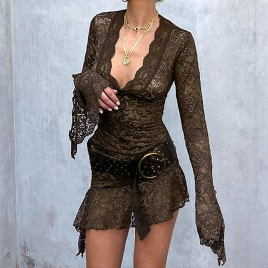 V-Neck Dress Mini Long-Sleeve Bodycon Lace