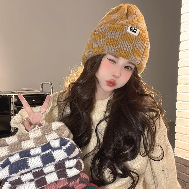 Checker Beanie Knit Lettering Applique