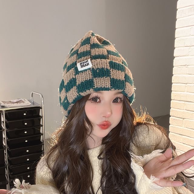 Checker Beanie Knit Lettering Applique