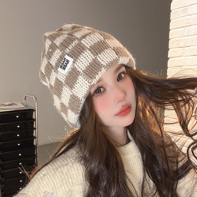 Checker Beanie Knit Lettering Applique