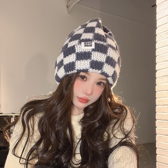 Checker Beanie Knit Lettering Applique