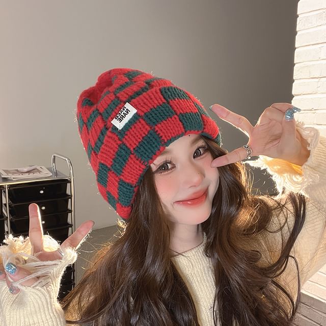 Checker Beanie Knit Lettering Applique