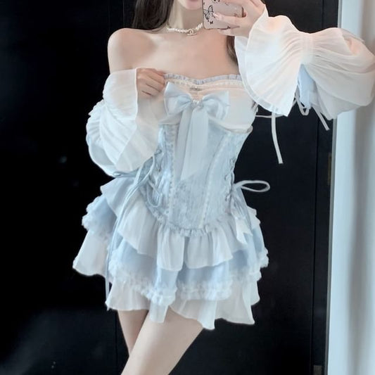 Off-Shoulder Trim Lace Tone Puff-Sleeve A-Line Dress Lace-Up Patterned Belt Corset Mini Two /