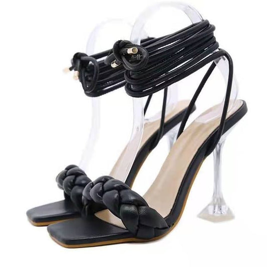 Sandals Braided Heel High Square-Toe