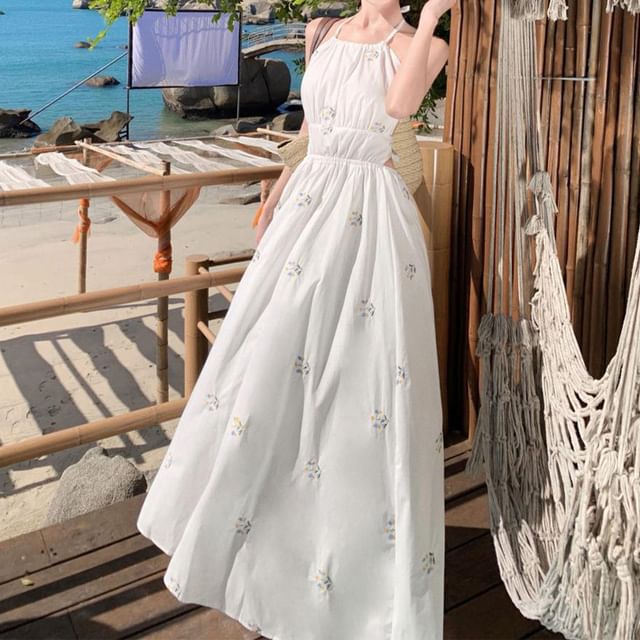 Embroidered Dress Halter Midi Neck A-Line