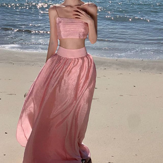 Crop Plain + Top Skirt Waist Maxi Camisole Set: High