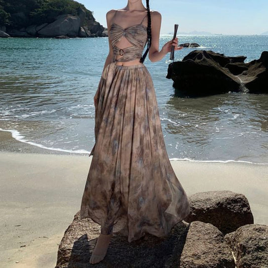 Set: A-Line Top Crop + Tie High Dye Maxi Skirt Waist Camisole