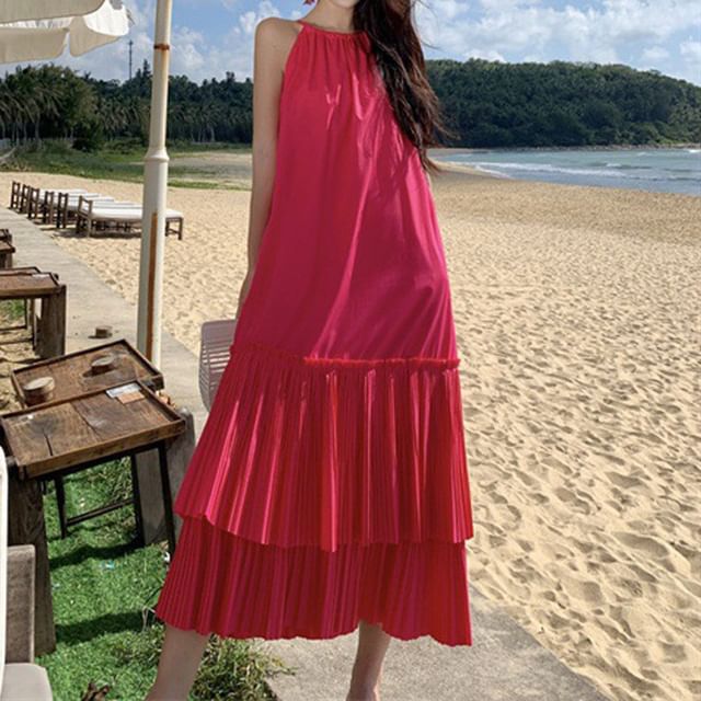 Sleeveless Dress Tiered Midi Plain