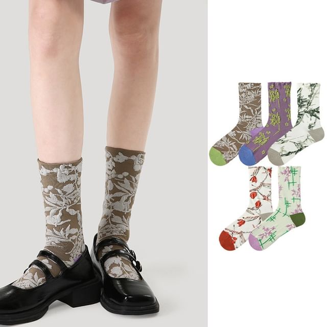 Set of 5 Pairs: Floral Jacquard Socks