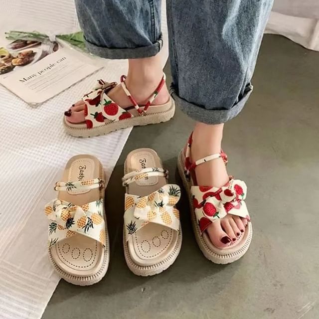 Platform Fruit Print Bow Slide Sandals