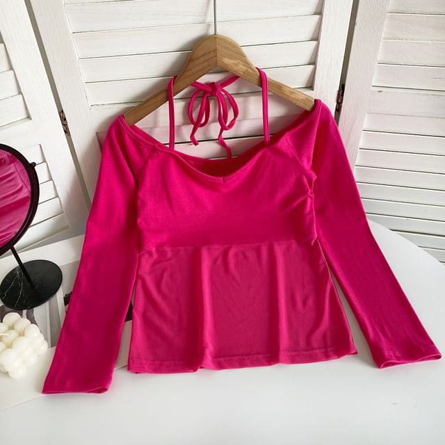 T-shirt à manches longues avec empiècement en maille et épaules dénudées