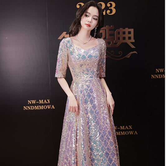 Neck A-Line Maxi Dress Elbow-Sleeve Scoop Iridescent