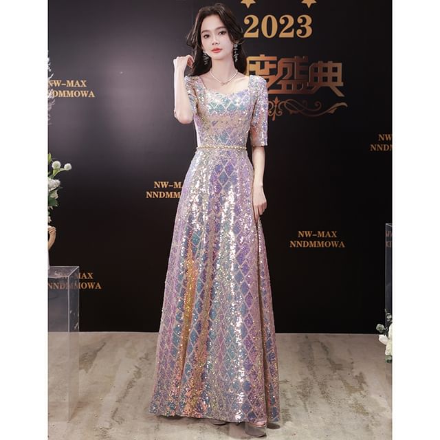 Neck A-Line Maxi Dress Elbow-Sleeve Scoop Iridescent