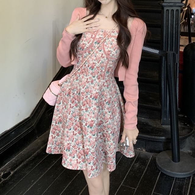 Spaghetti Print Neck Plain Open Mini A-Line Dress Cardigan Square / Floral Front Strap Crop