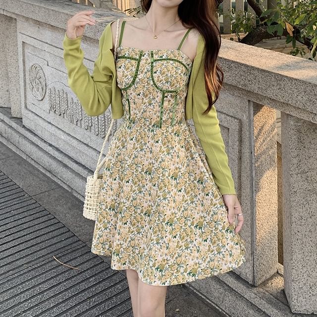 Spaghetti Print Neck Plain Open Mini A-Line Dress Cardigan Square / Floral Front Strap Crop