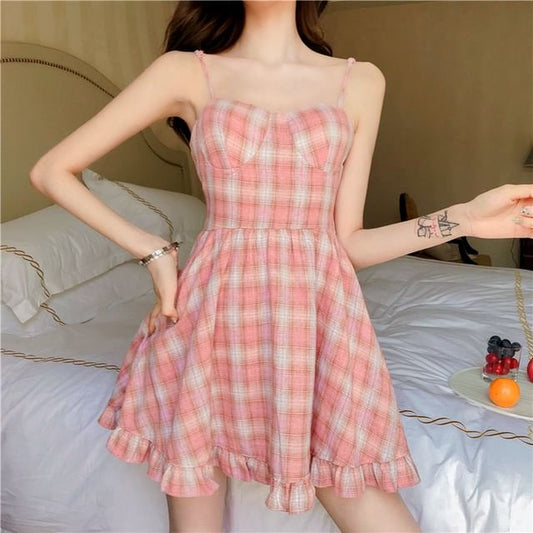Spaghetti Mini A-Line Dress Ruffle Strap Plaid