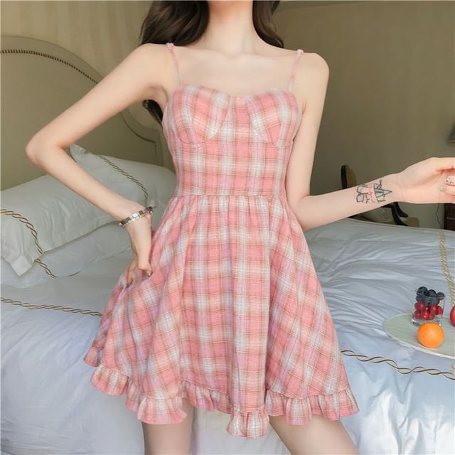 Spaghetti Mini A-Line Dress Ruffle Strap Plaid