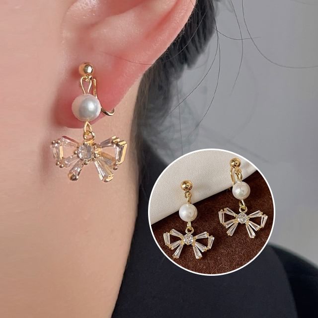 Pearl Earring Rhinestone Faux Bow Drop Alloy
