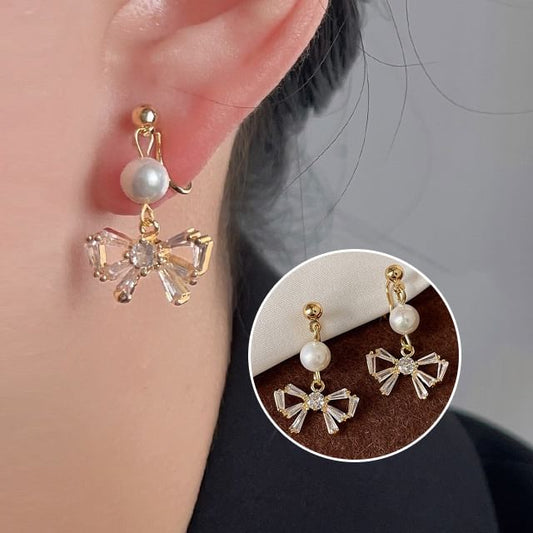 Pearl Earring Rhinestone Faux Bow Drop Alloy