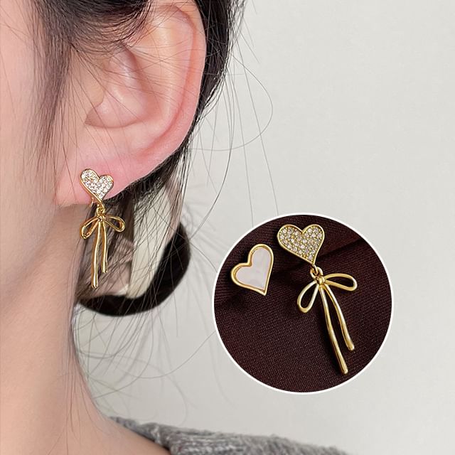 Drop Rhinestone Earring Bow Heart Asymmetrical Shell Alloy