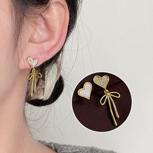 Drop Rhinestone Earring Bow Heart Asymmetrical Shell Alloy