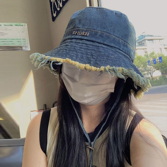 Denim Bucket Fringed Lettering Hat