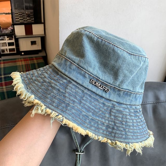 Denim Bucket Fringed Lettering Hat