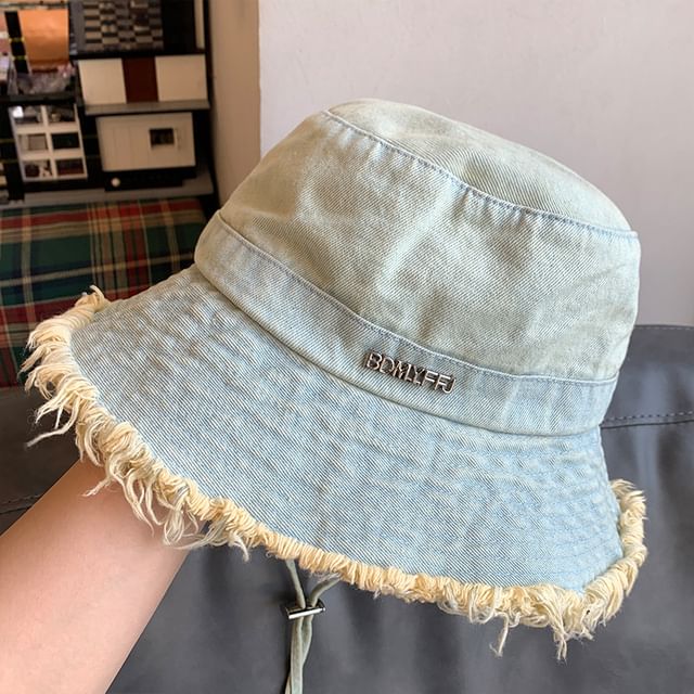 Denim Bucket Fringed Lettering Hat