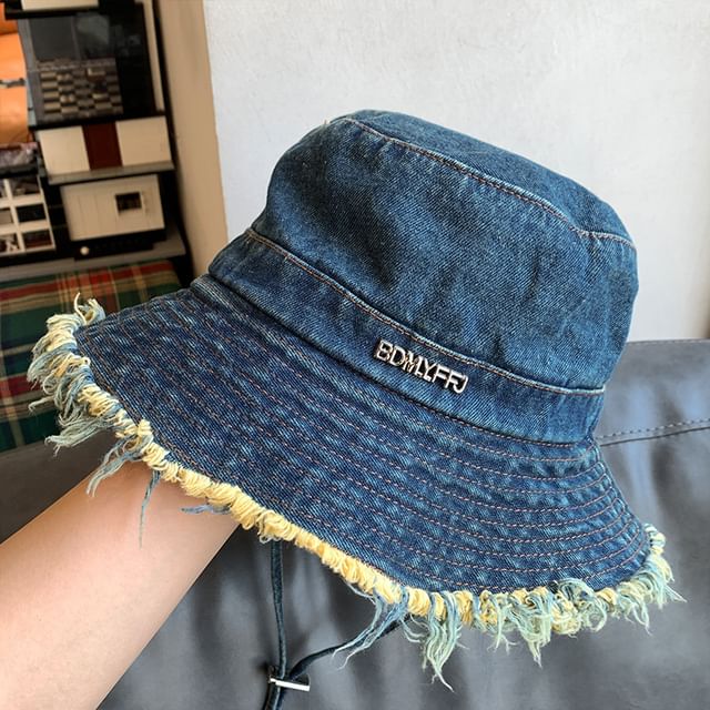 Denim Bucket Fringed Lettering Hat