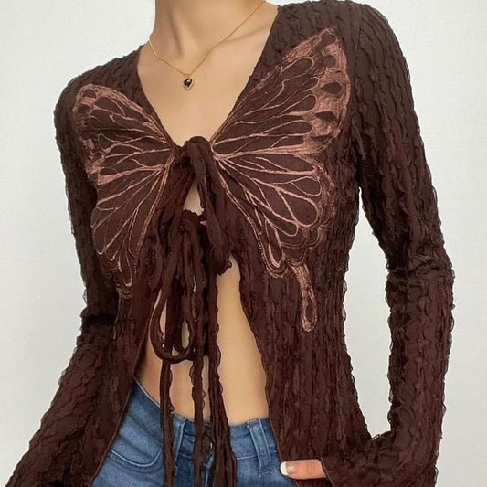 Print Top Long-Sleeve Butterfly V-Neck Crop Ribbon Front