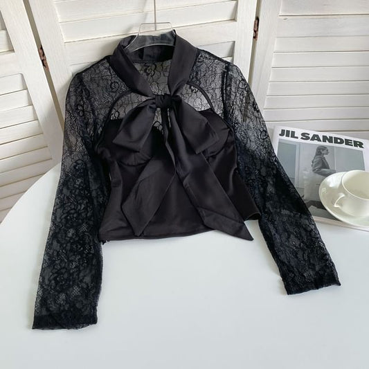 Bow Neck Lace Panel Blouse