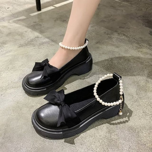 Chunky Heel Loafers Platform Ankle Strap Bow