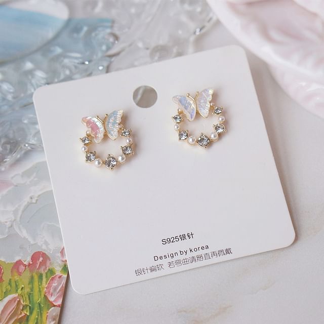 Rhinestone Pearl Faux Stud Butterfly Alloy Earring