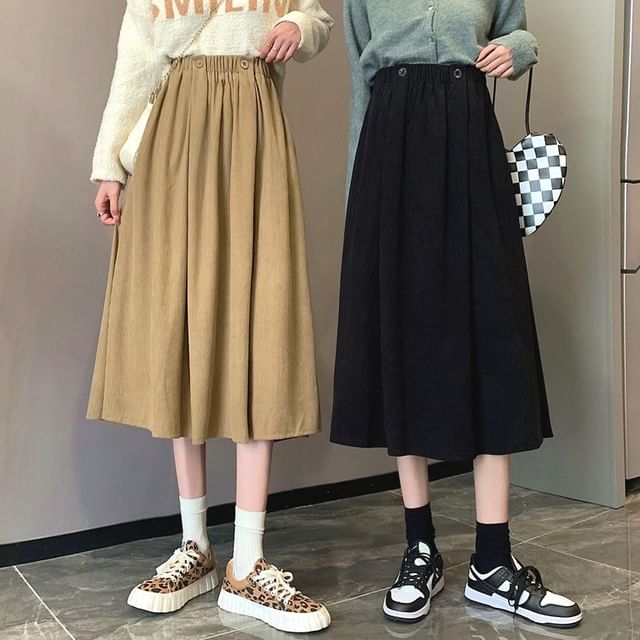 Elastic A-Line Waist Pocket Midi Skirt Plain