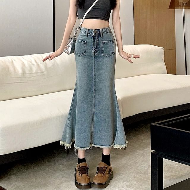 Washed Midi Denim Fray Waist Mermaid Skirt High