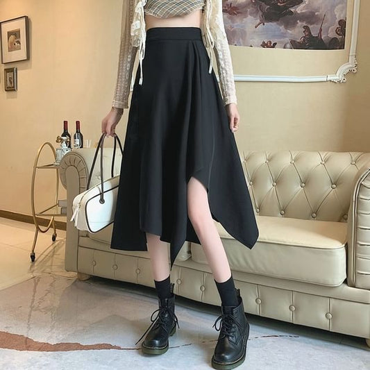 Plain Skirt Midi Waist A-Line Asymmetrical Elastic