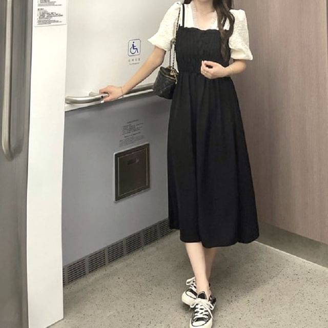 Mock Two Puff A-Line Ruched Sleeve Dress V-Neck Piece Midi