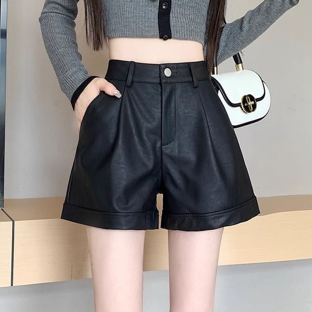 Faux Leather Shorts Waist High Plain