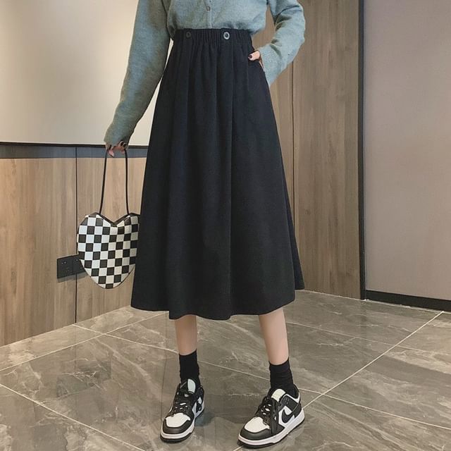 Elastic A-Line Waist Pocket Midi Skirt Plain
